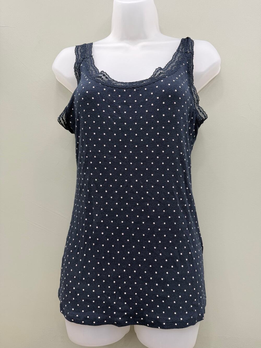 Old Navy Navy Polka Dot Lace Trim Tank Top Large Fitted Coastal Preppy